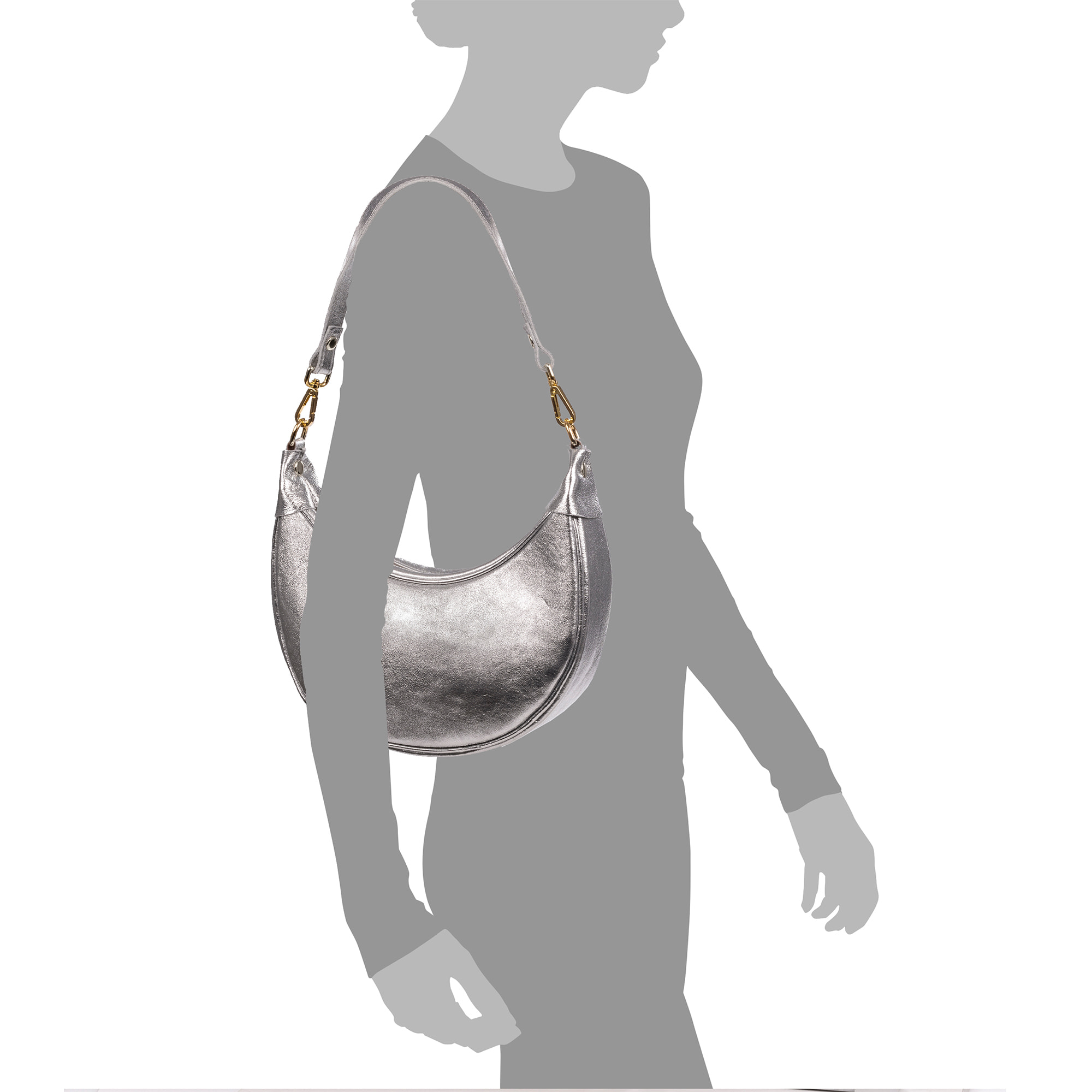 Asís borsa a tracolla e a mano, in pelle autentica con finitura in suede laminato, con design a mezzaluna.