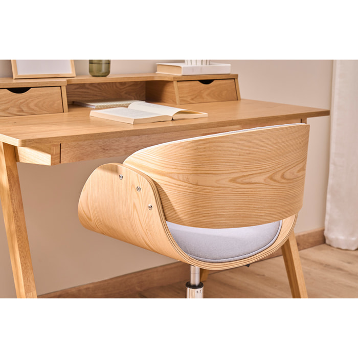 Chaise de bureau à roulettes design en tissu gris, bois clair et acier chromé BENT