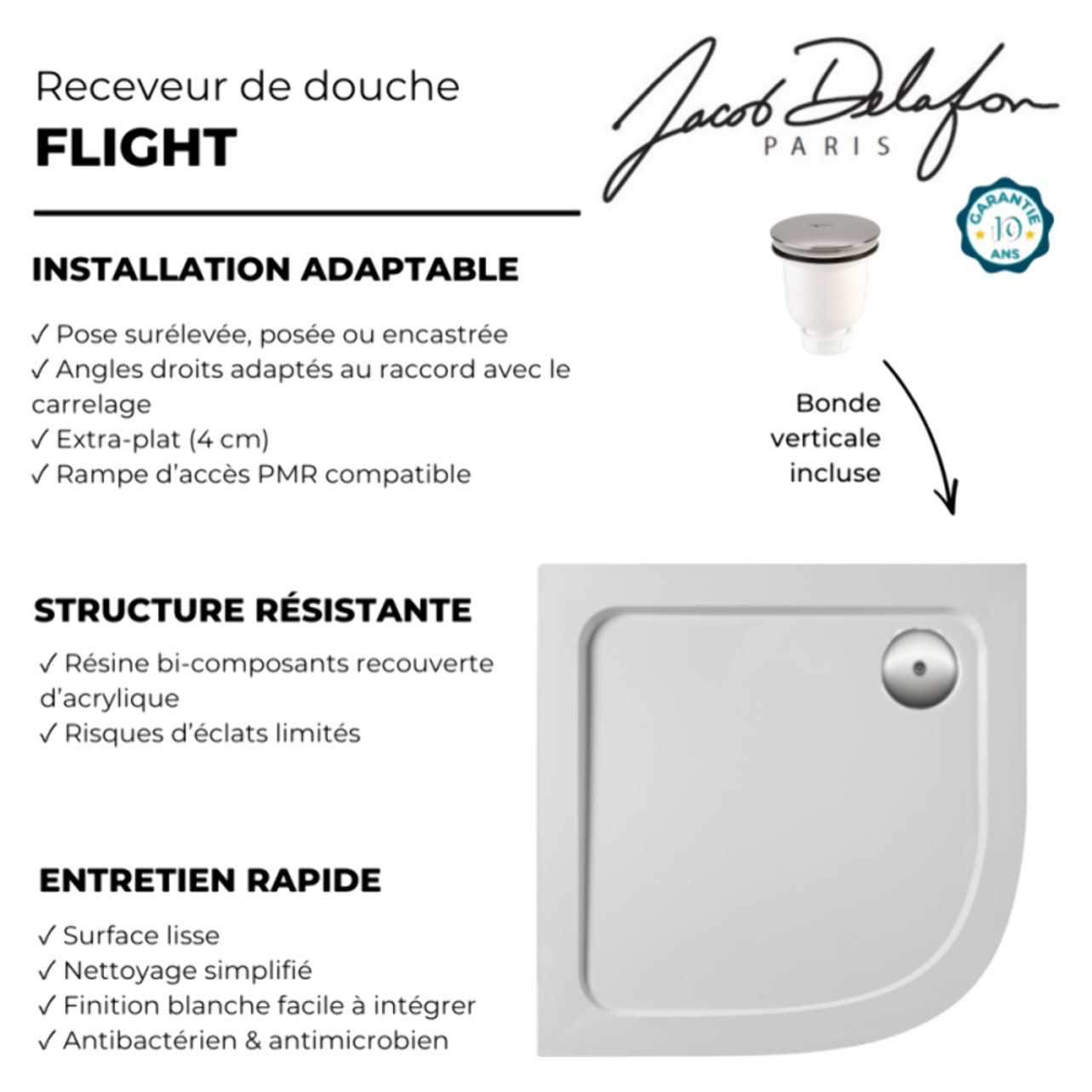 Receveur de douche 90 x 90 cm Flight quart de rond blanc avec bonde verticale chromé