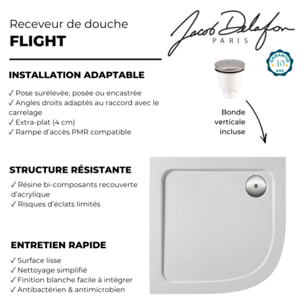 Receveur de douche 90 x 90 cm Flight quart de rond blanc avec bonde verticale chromé
