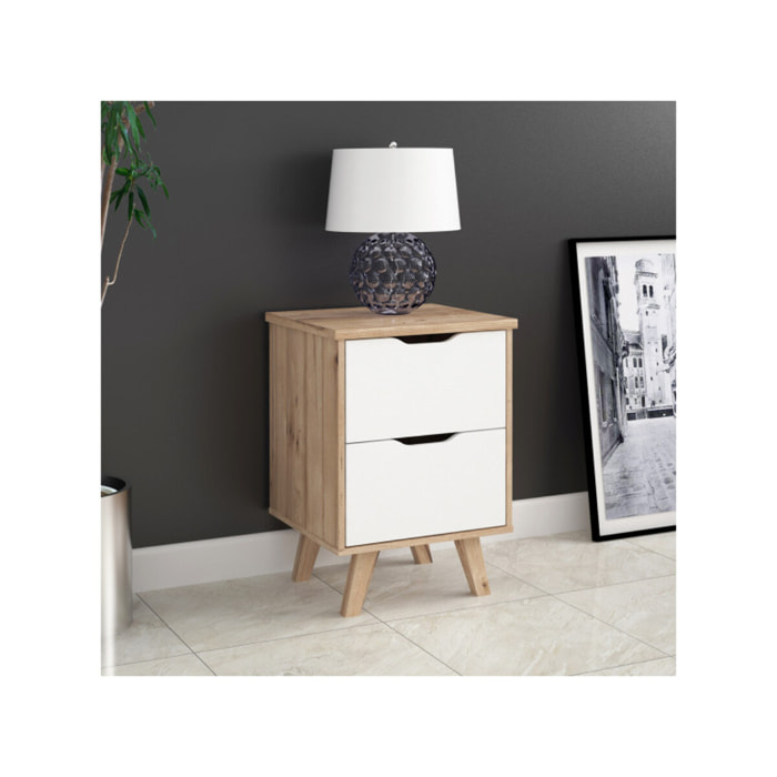 Table de chevet 2 tiroirs bois effet chêne naturel et blanc mat - WANDA
