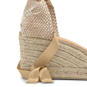 Alpargata de cuña Carina en lino metalizado con cierre de cintas