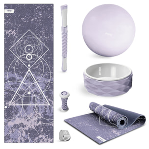 Pack accesorios yoga lila FITFIU esterilla, bola, rueda, barra, correa