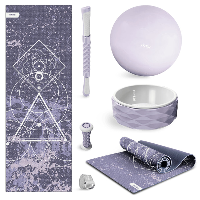 Pack accesorios yoga lila FITFIU esterilla, bola, rueda, barra, correa