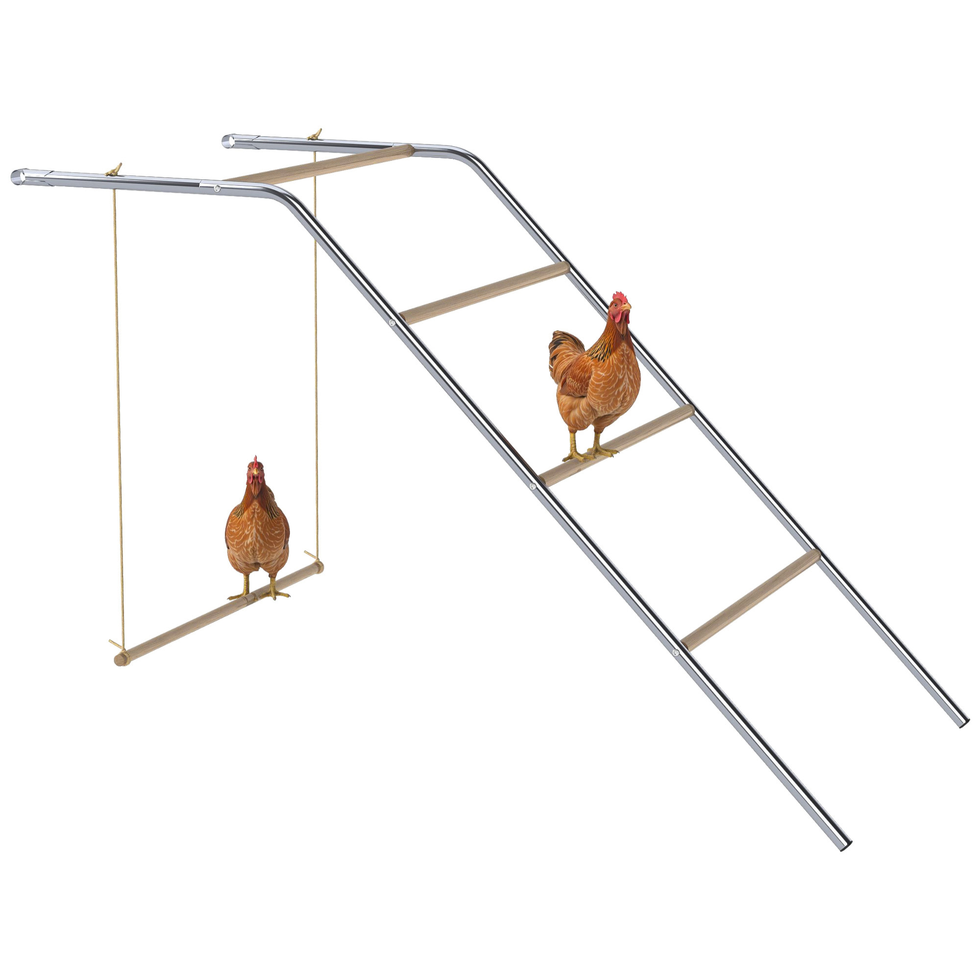 Perchoir balançoire pour poule - aire de jeu chicken activity - 150 x 82 x 110 cm - acier chromé bois verni
