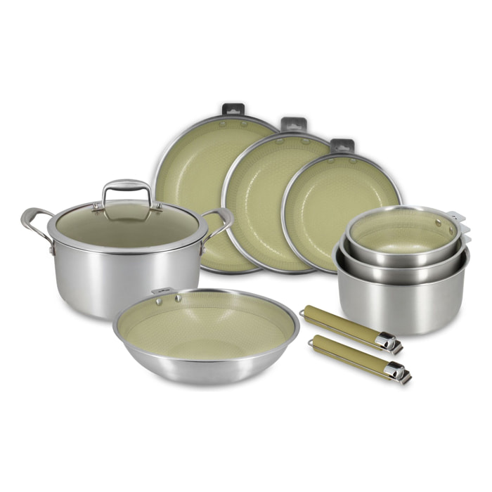 Batterie de cuisine 10 pièces en acier inoxydable vert AGLAE