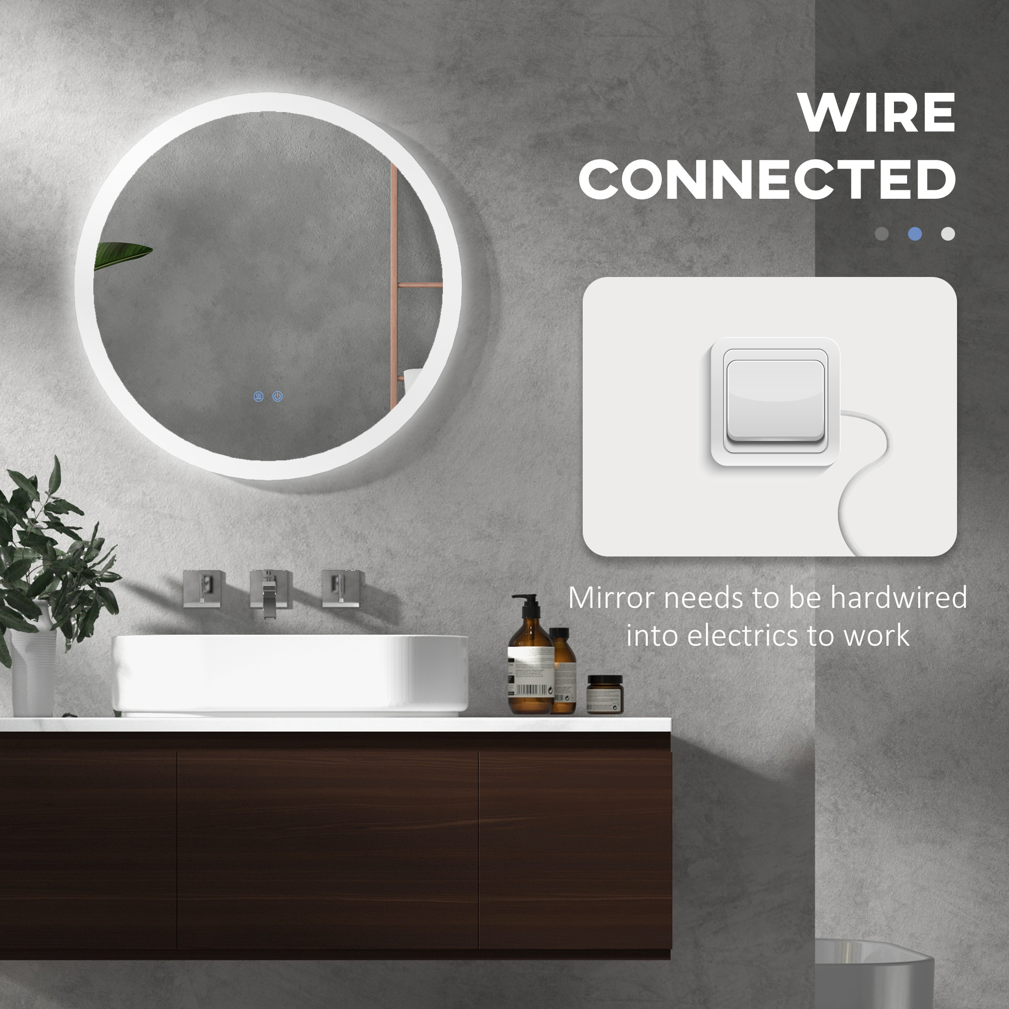 Miroir rond lumineux LED de salle de bain Ø 60 cm mural avec éclairage 3 couleurs interrupteur tactile système antibuée 29 W gris