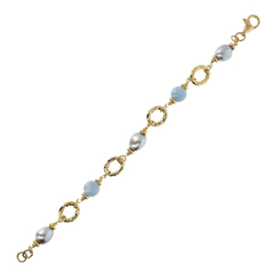 Bracciale con Anelli Martellati Quarzite Celeste e Perle d'Acqua Dolce Grigie