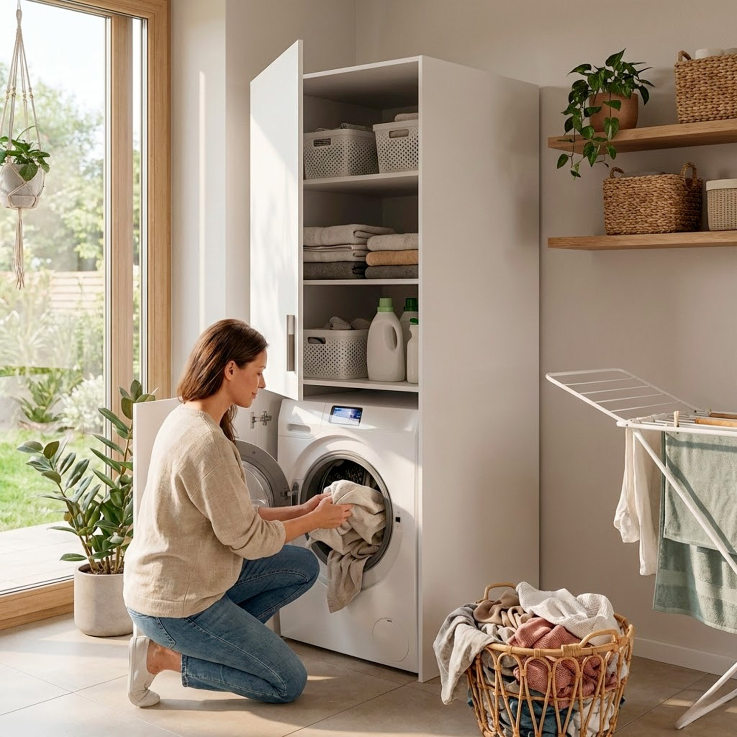 Mobile Lavatrice Asciugatrice Con 2 Ante E Ripiani Mobiletto Lavanderia Bagno Armadietto Verticale Salvaspazio Vano Incasso  70 × 70 × 180 Cm Bianco