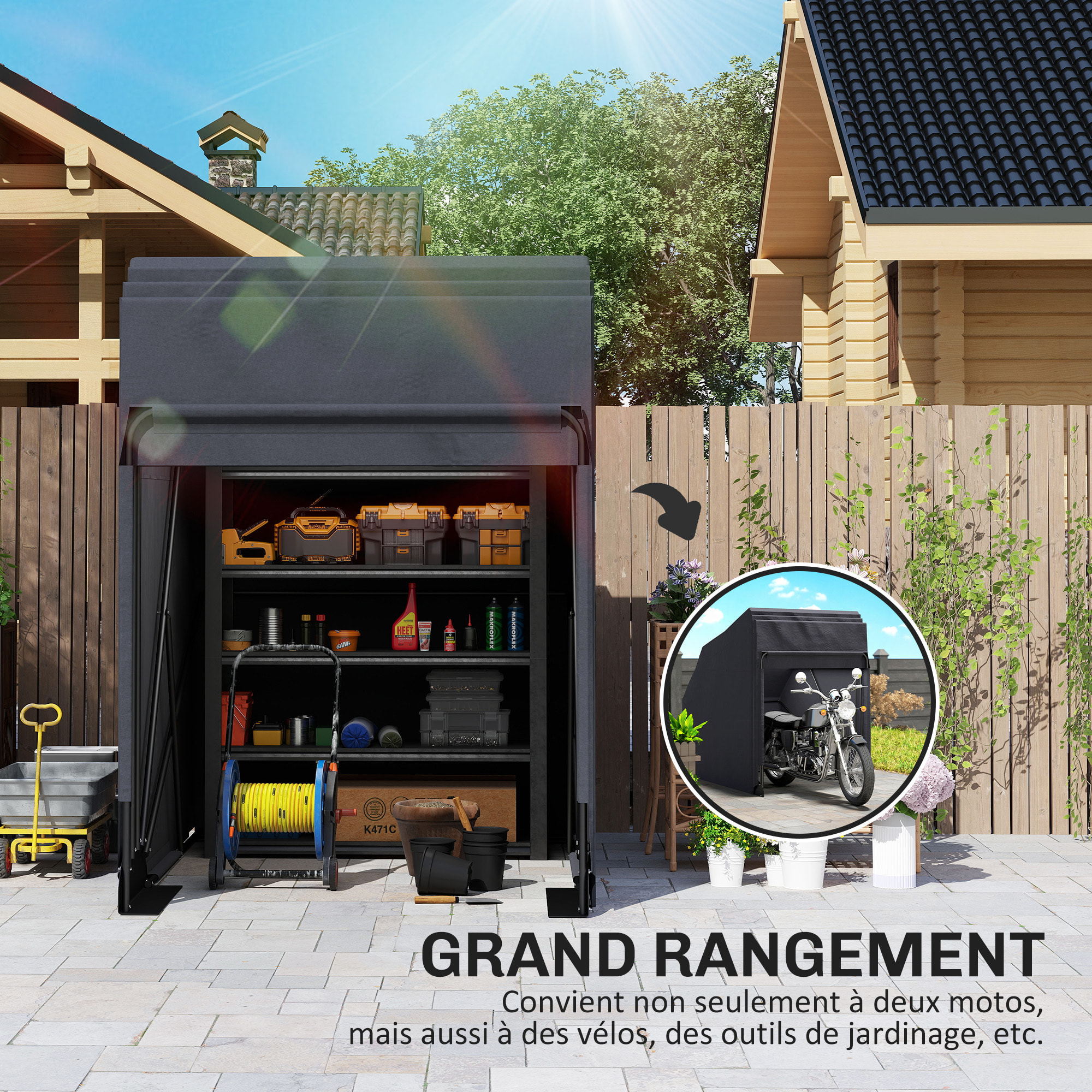 Abri moto extérieur pliable housse imperméable 3 couches support métal 2 fenêtres enroulables noir