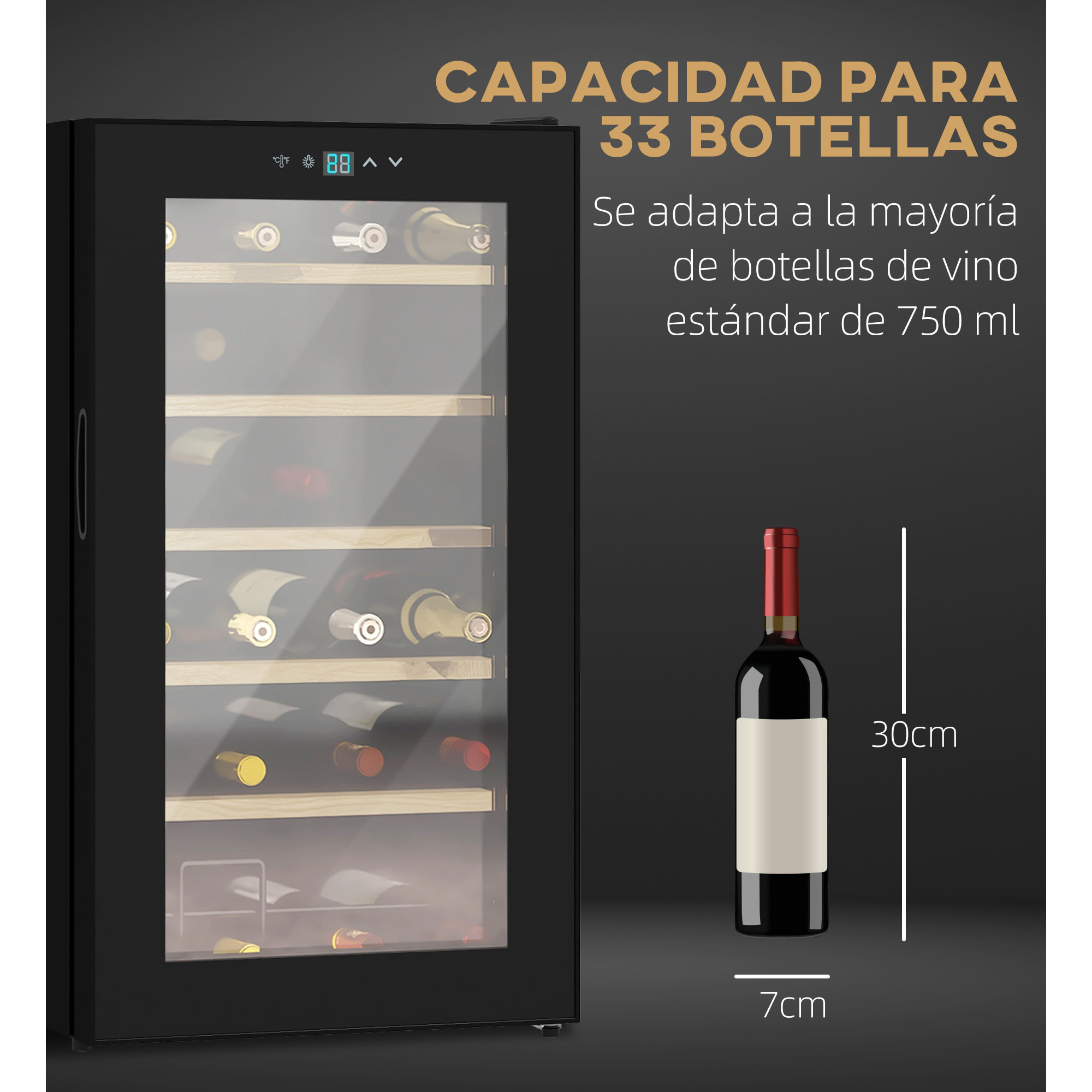 Nevera Vinos 24 Botellas 65L Vinoteca con Luz LED Interior Pantalla Táctil Digital Control de Temperatura Puerta de Vidrio y 5 Estantes de Metal Negro