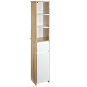 Armario Alto de Baño Mueble Columna de Baño con 1 Puerta Cajón y 3 Estantes Balda Ajustable para Cocina Salón 32,6x30x171,2 cm Madera Natural y Blanco