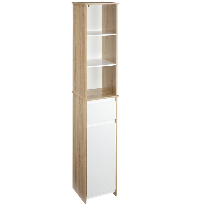 Armario Alto de Baño Mueble Columna de Baño con 1 Puerta Cajón y 3 Estantes Balda Ajustable para Cocina Salón 32,6x30x171,2 cm Madera Natural y Blanco