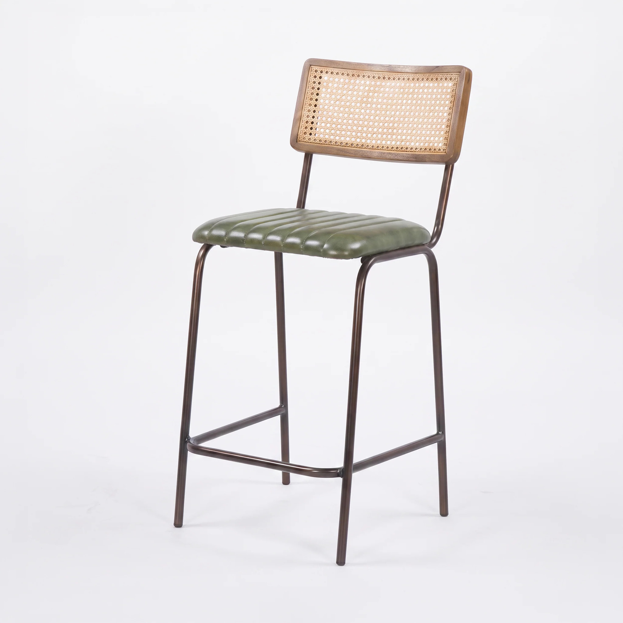 Lot de 2 chaises de bar 76 cm en cannage et cuir vert - Arsène