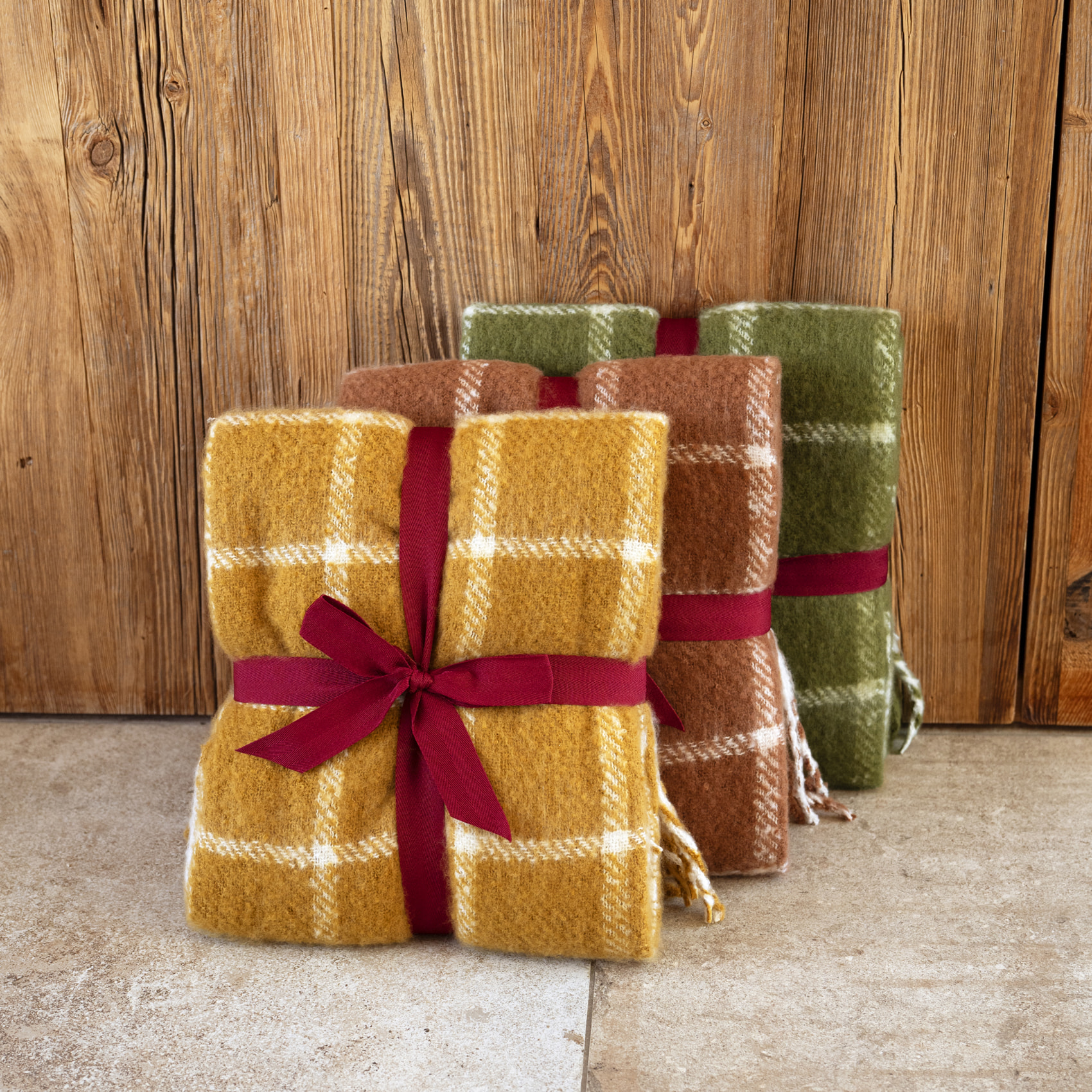 Plaid à carreaux aspect mohair avec franges - Jaune Ocre