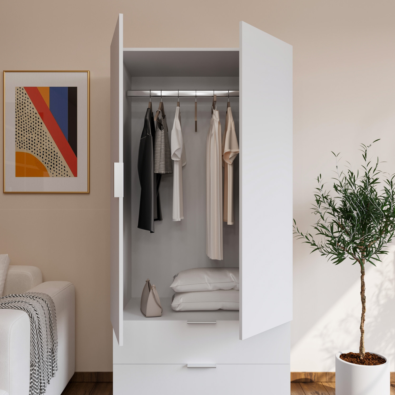 Armadio Santa Clara Armadietto Multiuso per Camera da Letto con Appendiabiti 2 Ante con Maniglie in Metallo e 2 Cassetti 180 x 81 x 52 Cm Bianco