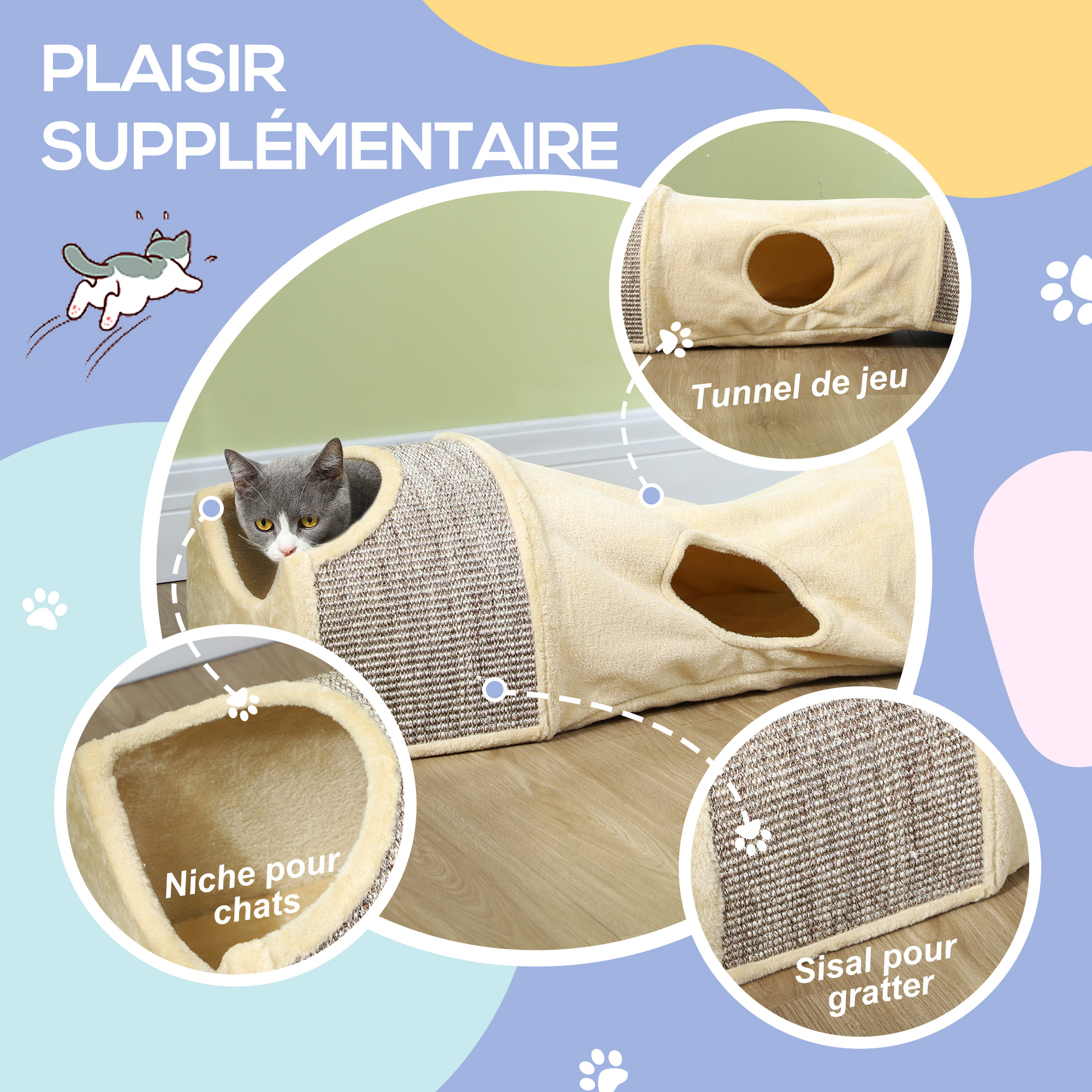 Tunnel pour chat modulable - 3 portes, 2 griffoirs - sisal peluche beige