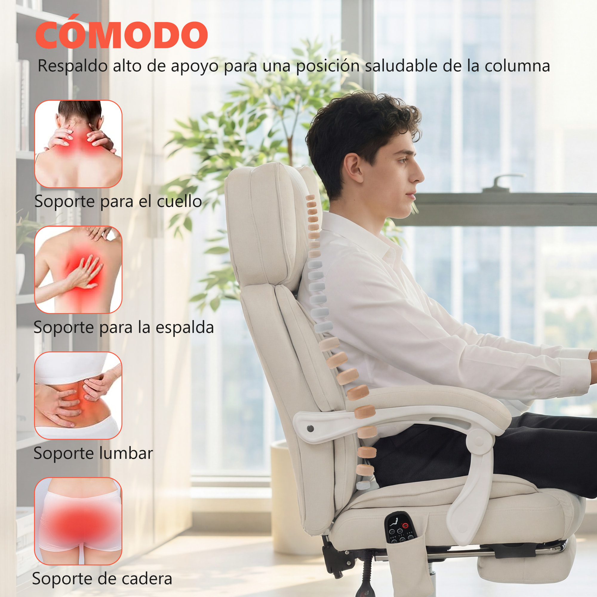 Silla de Oficina con Masaje Vibratorio de 6 Puntos y Calor Lumbar, Silla de Escritorio Reclinable con Reposacabezas Ajustable, Respaldo Alto, Altura Ajustable, Reposapiés, Crema