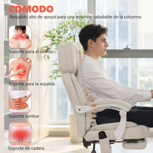 Silla de Oficina con Masaje Vibratorio de 6 Puntos y Calor Lumbar, Silla de Escritorio Reclinable con Reposacabezas Ajustable, Respaldo Alto, Altura Ajustable, Reposapiés, Crema