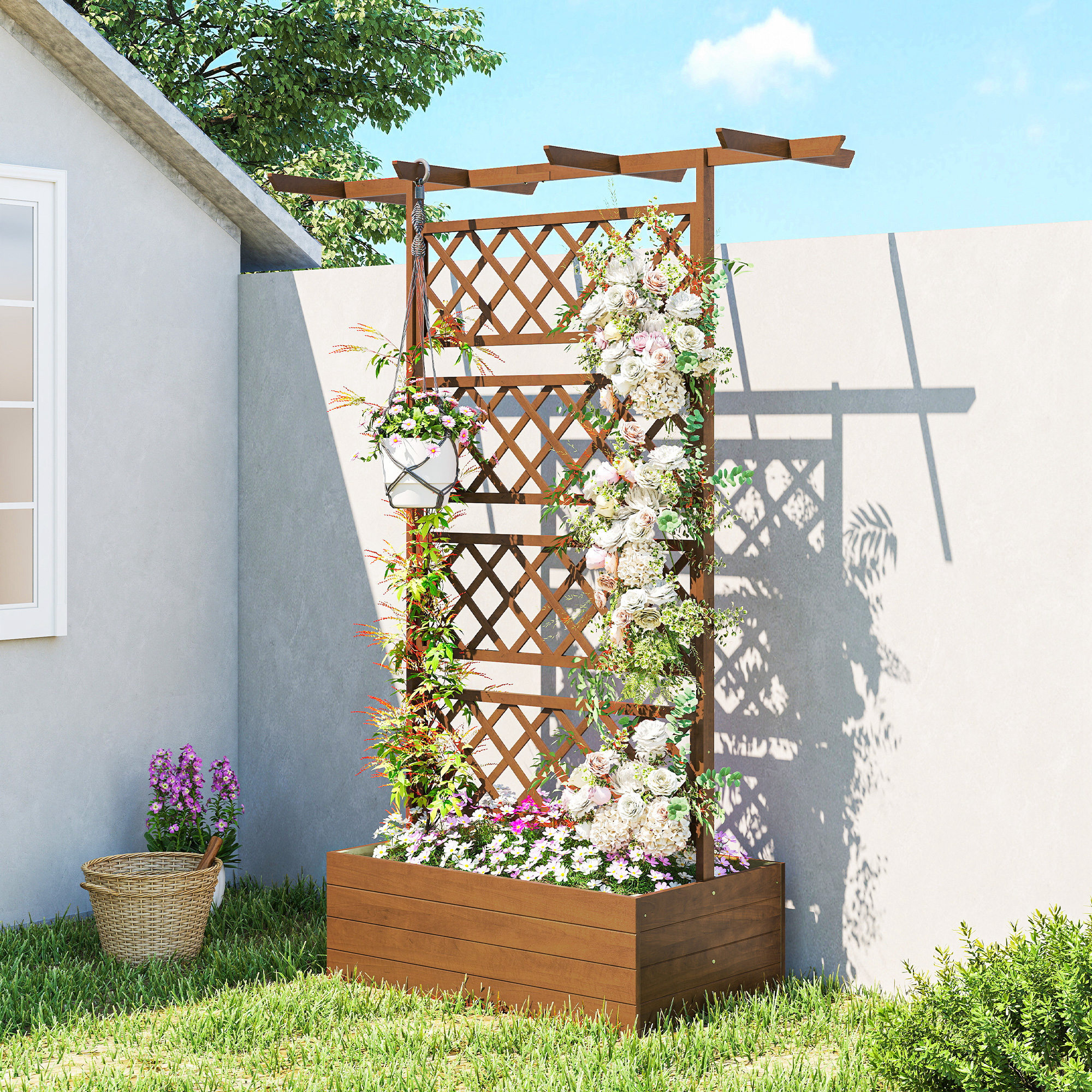 Jardinière treillis haut central avec poutres bois verni