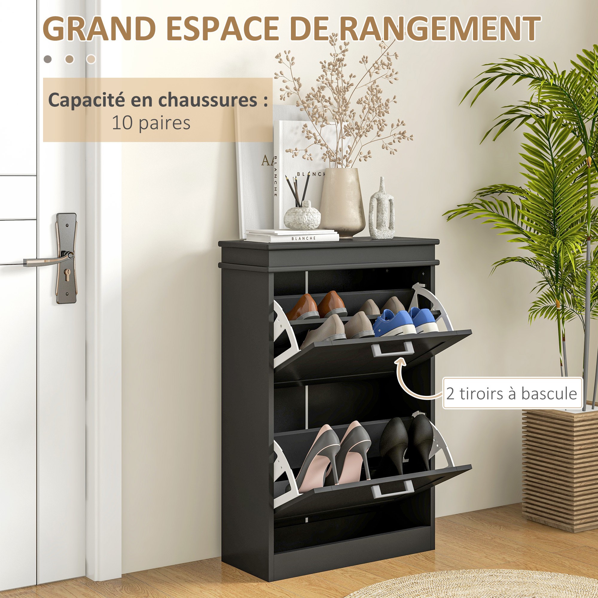 Meuble à chaussures 2 portes abattants 2 étagères poignées métal noir MDF noir