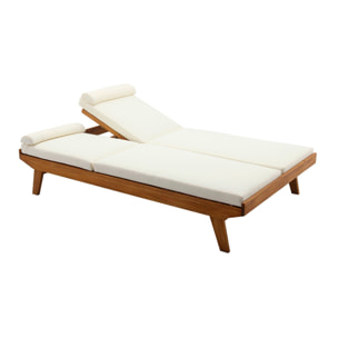 Bain de soleil double avec dossiers multipositions beige et bois massif L127 cm CARACAS