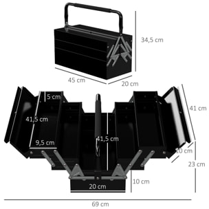 Boite à outils métallique - coffret à outils - caisse à outils 3 niveaux 5 plateaux rétractables - tôle acier noir