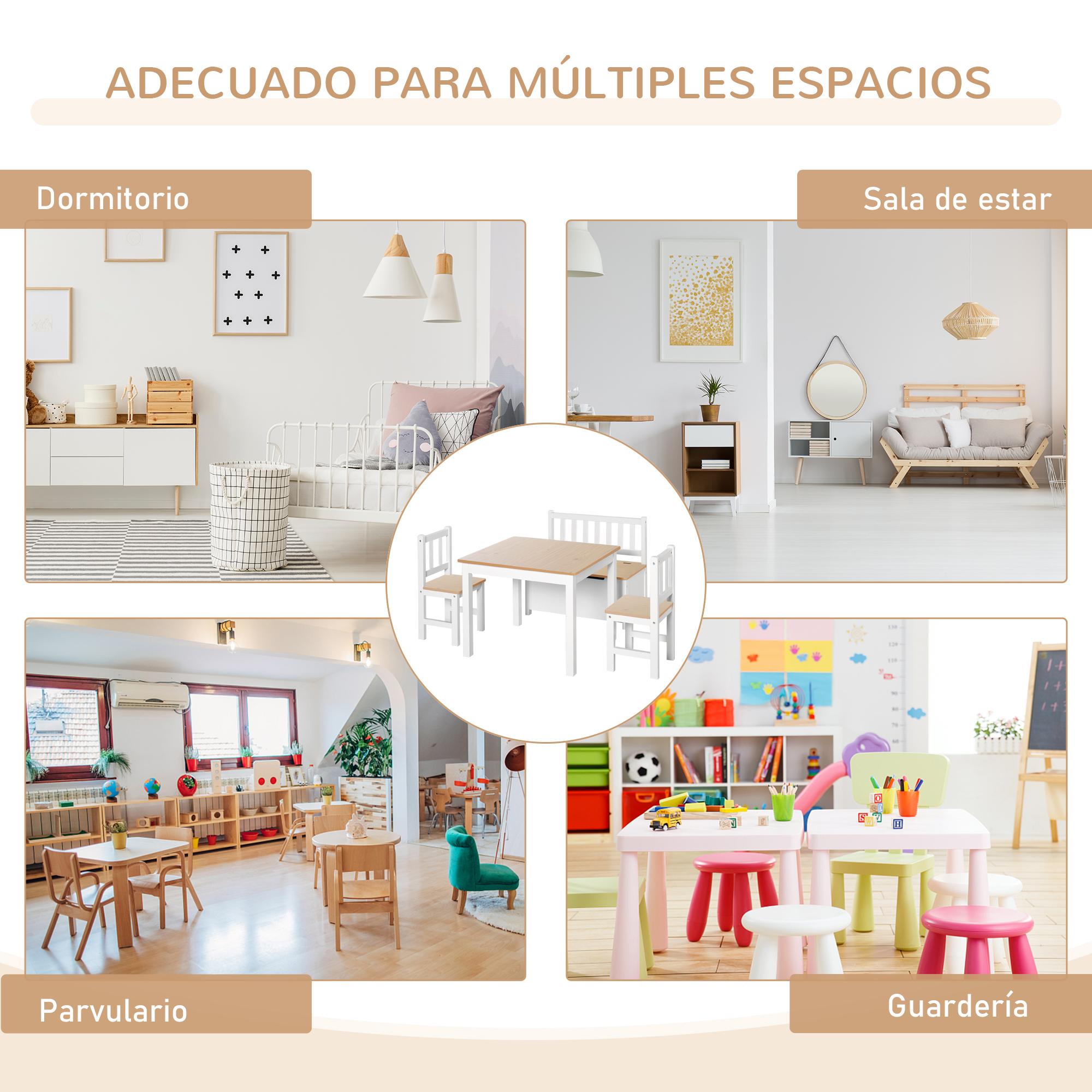 Conjunto de Mesa 2 Sillas y Banco para Niños de Madera con Espacio de Almacenamiento Muebles Infantiles para Sala de Juegos Habitación de Niños Blanco y Natural