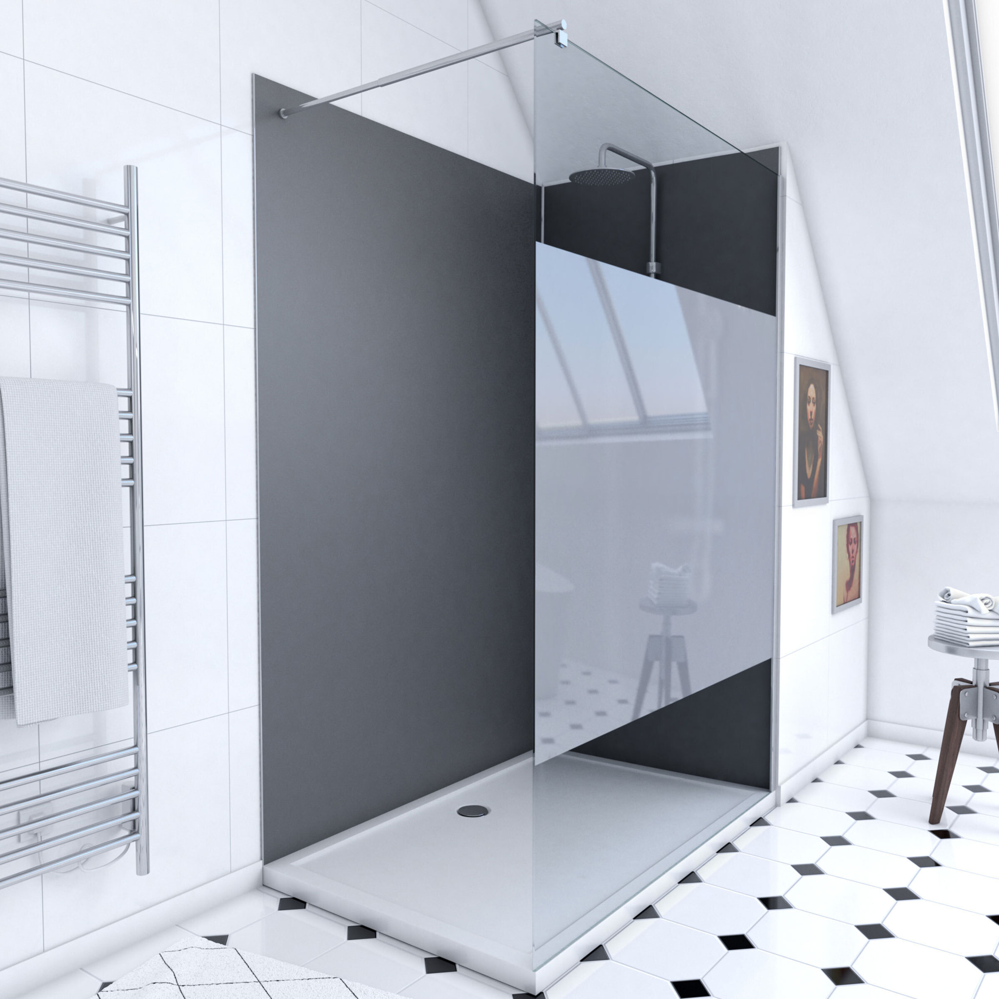 Pack Douche a l'Italienne 90x120 - Kit Panneaux Muraux Gris/Chrome + Receveur + Paroi Depolie 8 mm