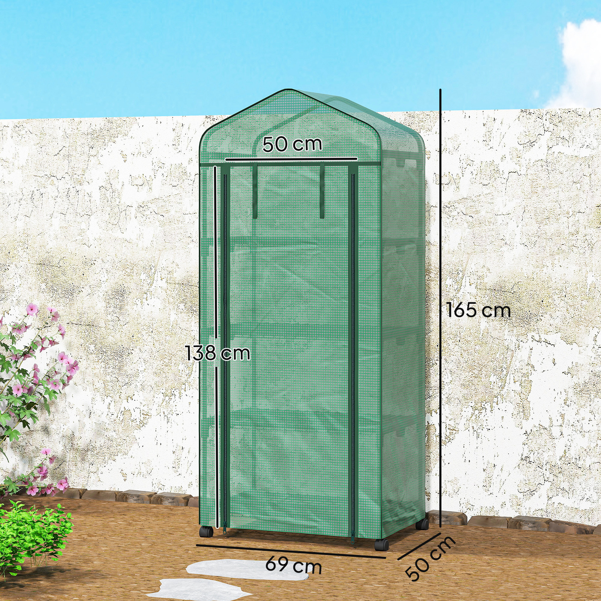 Invernadero de Exterior con 4 Estantes y Ruedas, Invernadero de Jardín con Puerta Enrollable, Marco de Acero y Cubierta PE 140g/ãŽ¡ Anti-UV, Impermeable para Terraza, Patio, 69x50x165 cm, Verde