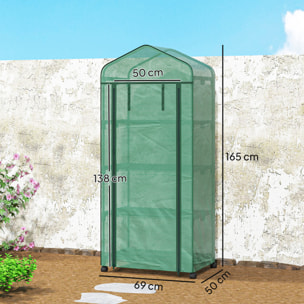 Invernadero de Exterior con 4 Estantes y Ruedas, Invernadero de Jardín con Puerta Enrollable, Marco de Acero y Cubierta PE 140g/ãŽ¡ Anti-UV, Impermeable para Terraza, Patio, 69x50x165 cm, Verde