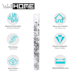 Paquete de 100 bolas color plata de navidad en diferentes acabados y tamaños