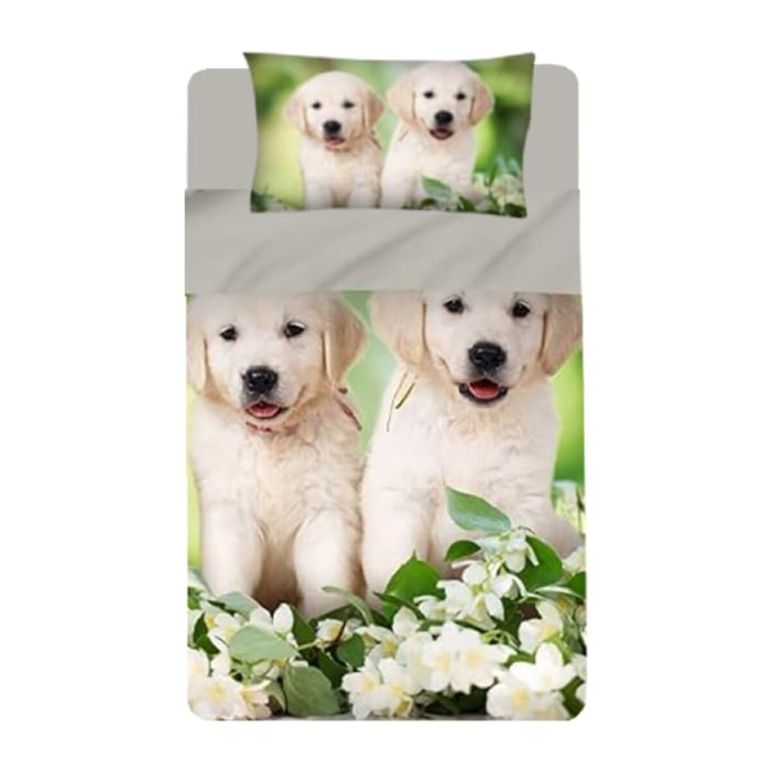 INTRECCI Set Lenzuola Una Piazza e Mezza in Cotone, Stampa Alta Qualità, Lenzuolo Sotto + Lenzuolo Sopra + 1 Federa, Comfort, per Pelli Sensibili, non Stringe in Lavatrice. Fantasia: Spring Dogs