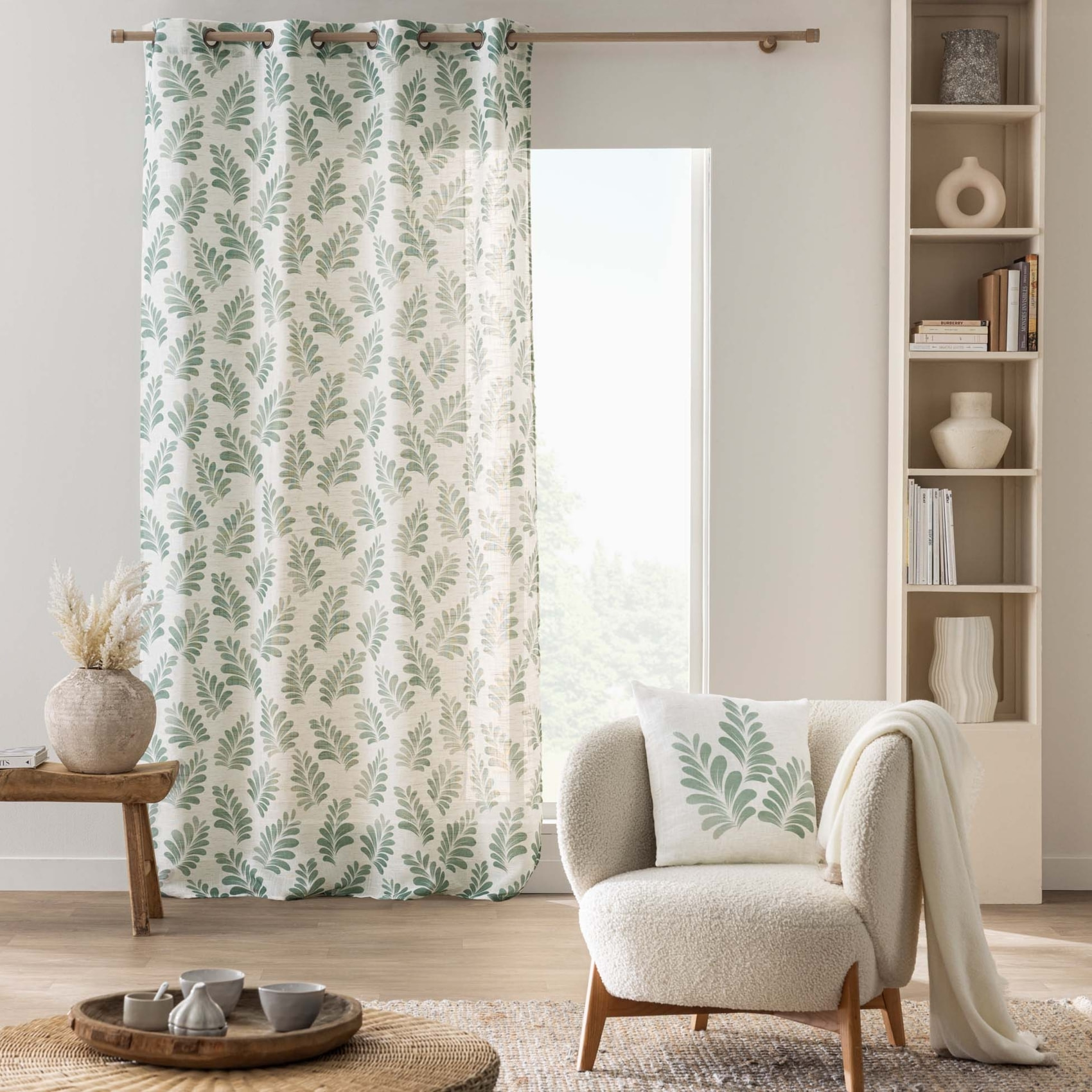 Rideau à œillets polylin imprimé végétal tamisant - Vert