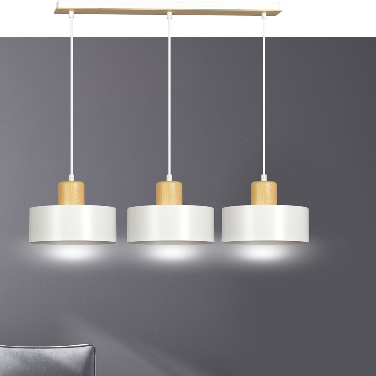 Lampada a sospensione Torin in acciaio bianco e legno naturale