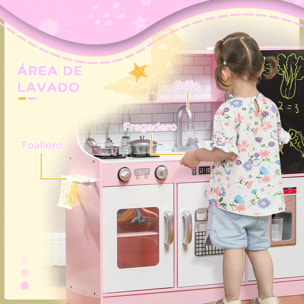 Cocina de Juguete Cocina para Niños de +3 Años Cocina Infantil de Madera con Accesorios para Cocinar Pizarra Máquina de Hielo y Teléfono 83,8x26,8x81 cm Rosa