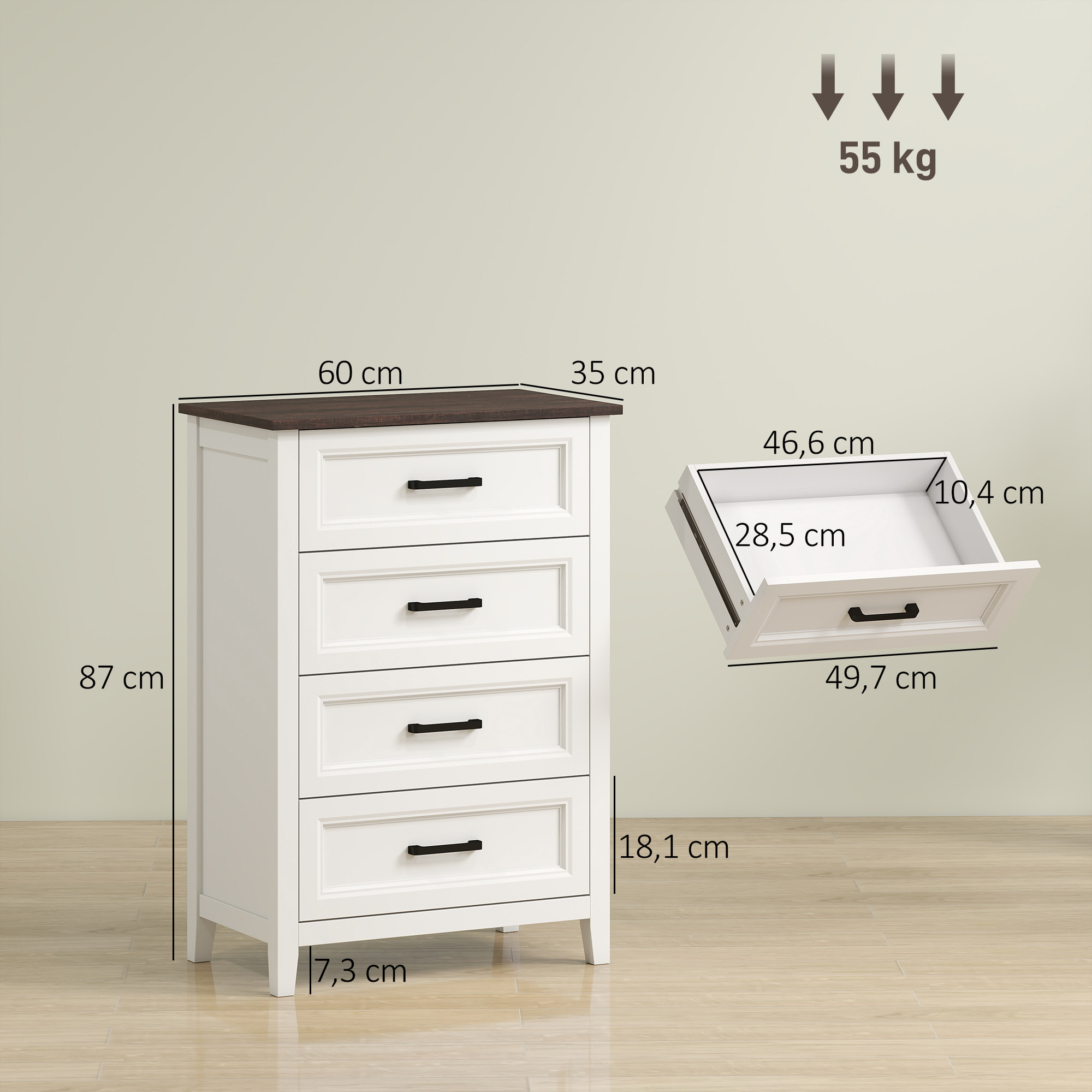Cómoda 4 Cajones, Cómoda Dormitorio Estrecho y Alto con Encimera Efecto Madera, Cajonera para Espacios Pequeños, Salón, Oficina, 60x35x87 cm, Blanco