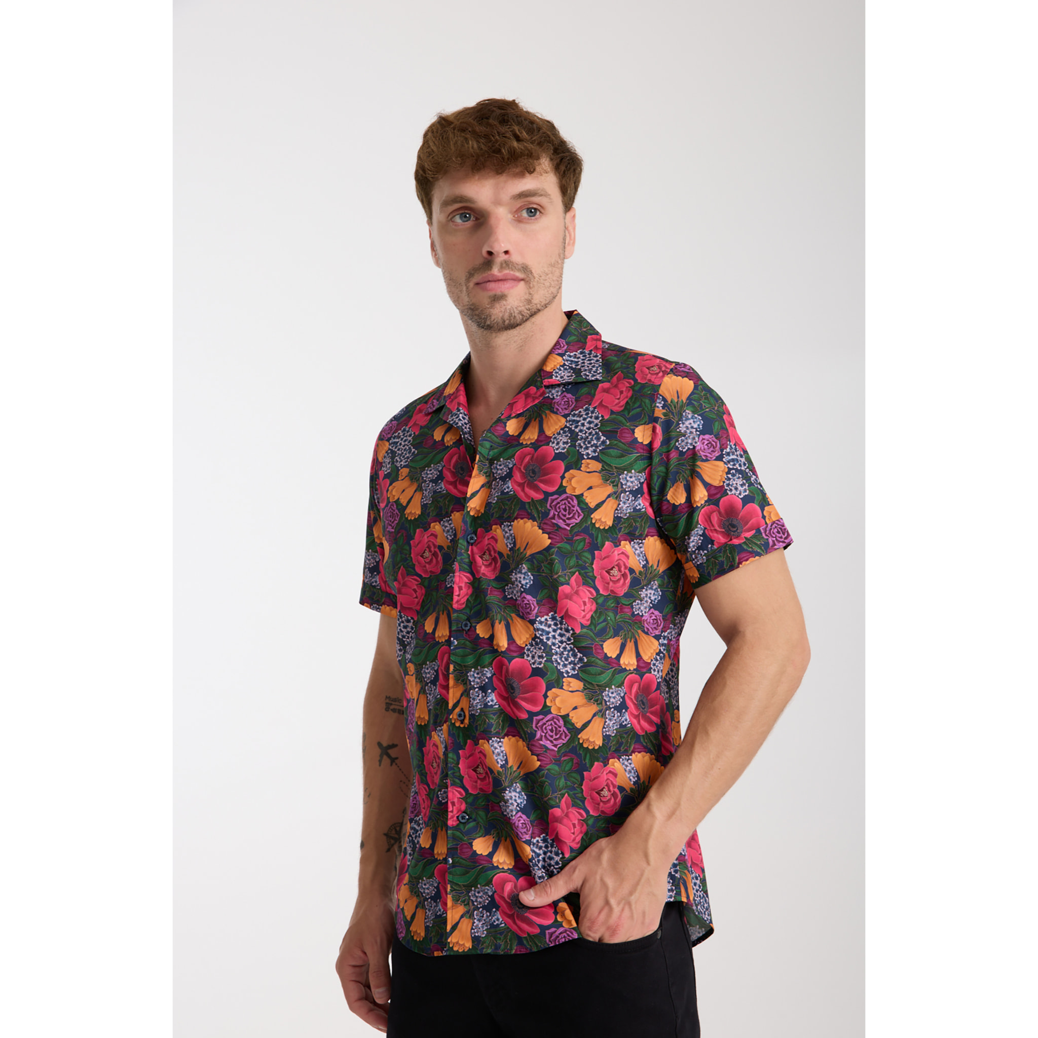 camicia uomo manica corta Popeline Stampato Blu/Arancio