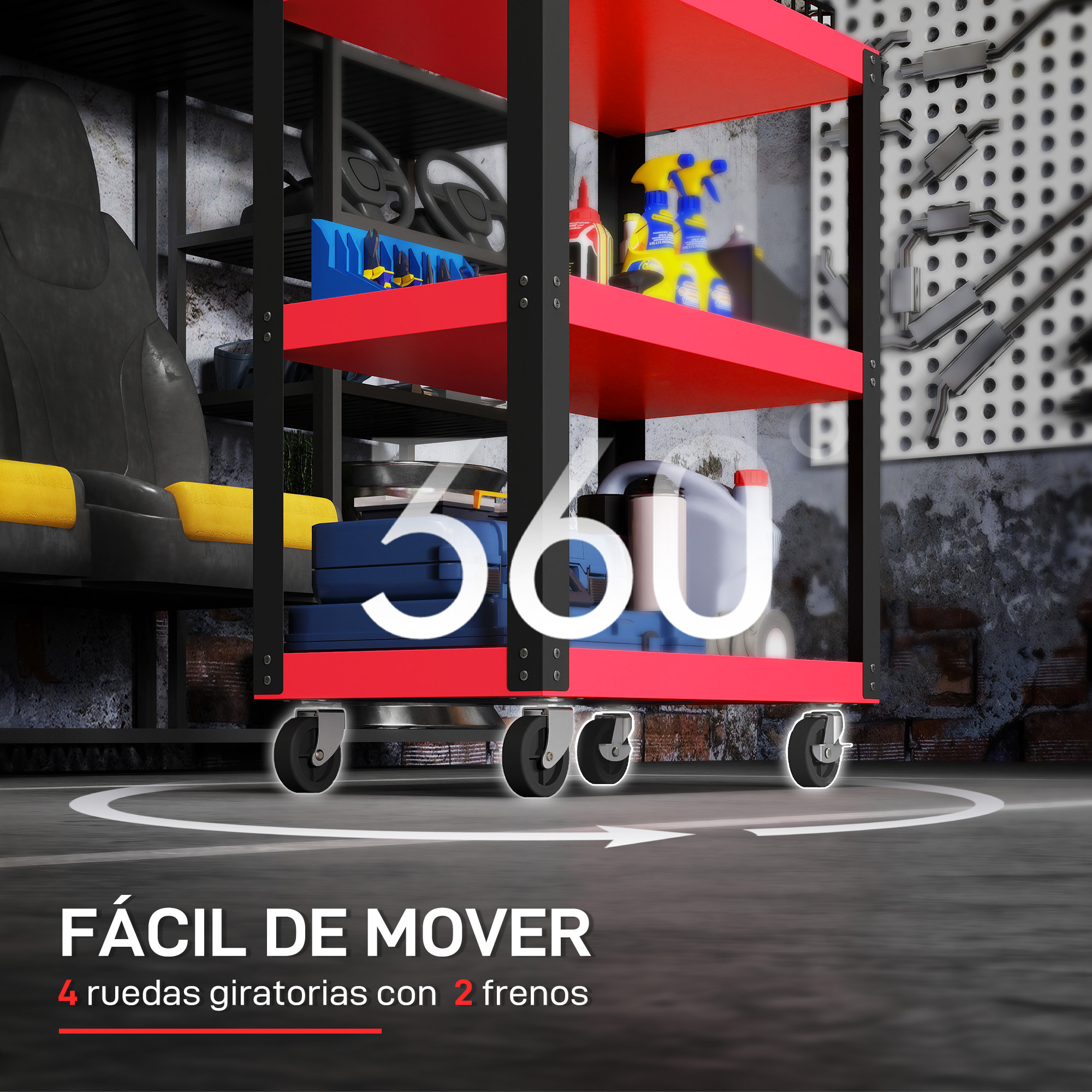 Carro de Taller, Carro de Herramientas con 3 Estantes, Ruedas con Frenos y Asa Lateral, para Garaje Mecánico, Hogar, Carga 120 kg, Rojo