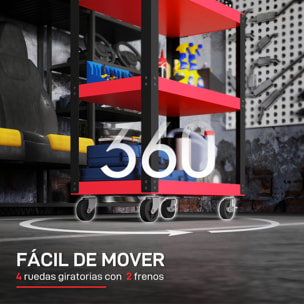 Carro de Taller, Carro de Herramientas con 3 Estantes, Ruedas con Frenos y Asa Lateral, para Garaje Mecánico, Hogar, Carga 120 kg, Rojo