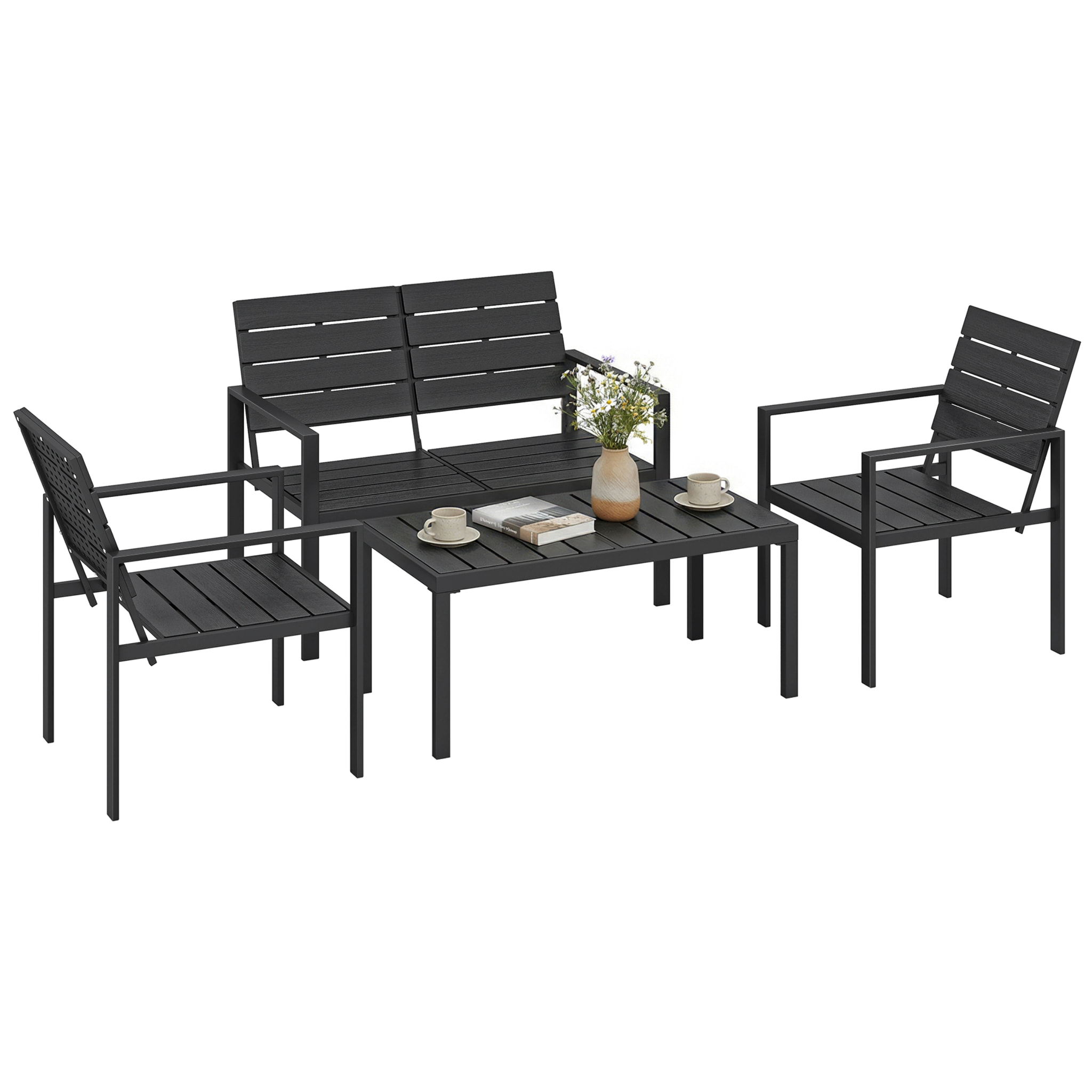 Conjunto de Muebles de Jardín para 4 Personas, Sofá de Jardín de 4 Piezas con Sofá de 2 Plazas, 2 Sillones, Mesa de Centro, Estructura Metálica, Negro