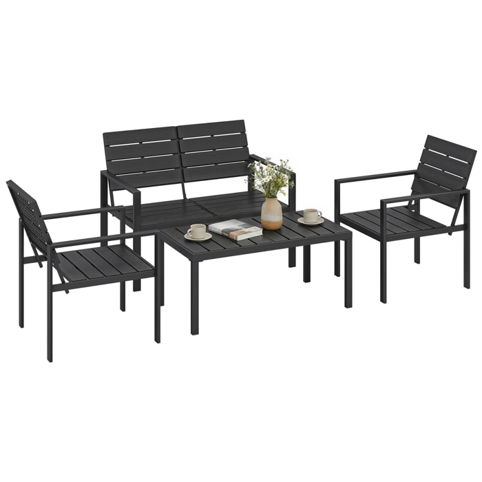 Conjunto de Muebles de Jardín para 4 Personas, Sofá de Jardín de 4 Piezas con Sofá de 2 Plazas, 2 Sillones, Mesa de Centro, Estructura Metálica, Negro