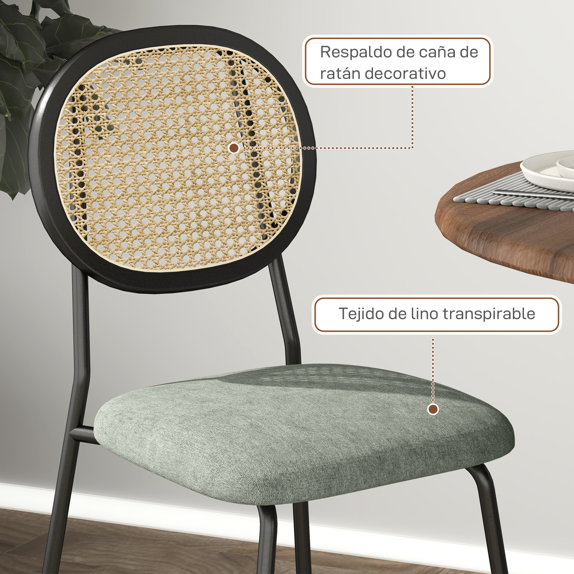 Pack de 2 Sillas de Comedor Sillas de Cocina con Respaldo de Ratán Sintético y Marco de Acero para Salón 44x54x87 cm Verde Oscuro y Negro