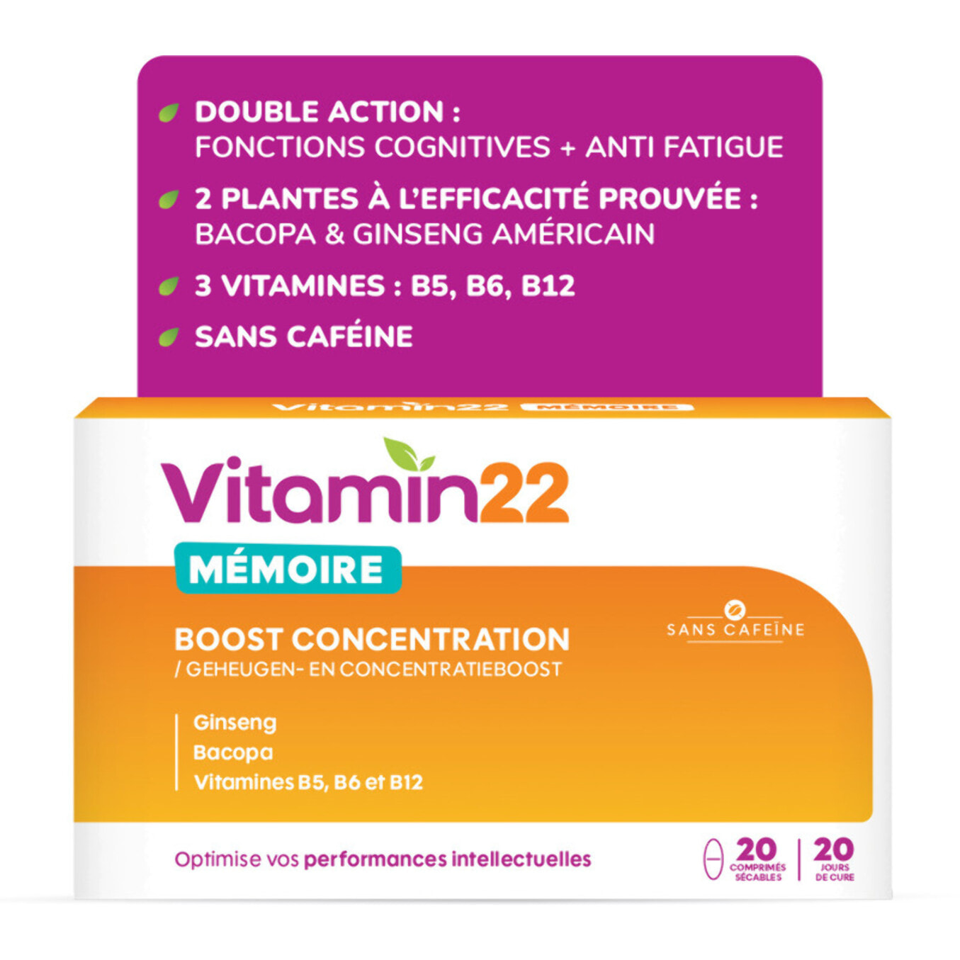 VITAMIN' 22 - Mémoire - Boost Concentration - Aide à soutenir les performances intellectuelles au quotidien - Cure 20 jours