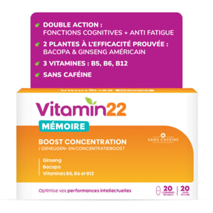 VITAMIN' 22 - Mémoire - Boost Concentration - Aide à soutenir les performances intellectuelles au quotidien - Cure 20 jours