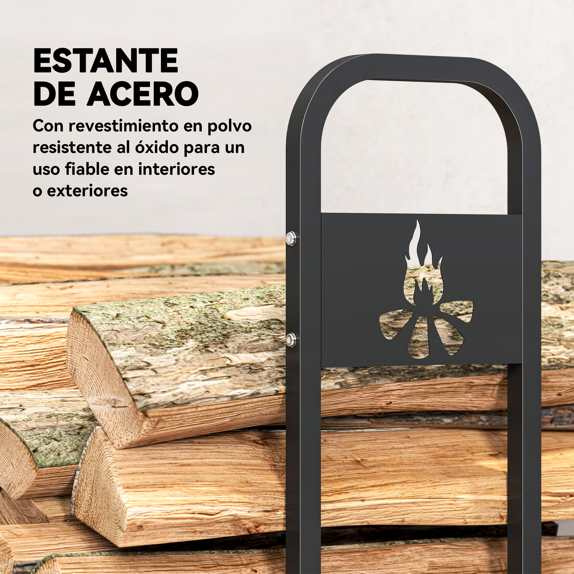 Estante de Leña Metálico, 199x30x121 cm, Leñero Exterior con Marco de Acero, Patas Extra Reforzadas y Diseño Recortado de Fogata, Soporte para Leña de Chimenea, Carga 300 kg, para Jardín