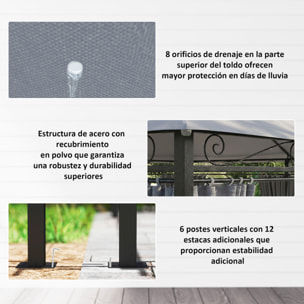 Cenador para Jardín 3x4 m, Pabellón de Jardín, Gazebo con Doble Techo, 6 Paredes Laterales, Estructura Metálica, Drenaje, Carpa para Exterior, Terraza, Patio, Gris Oscuro