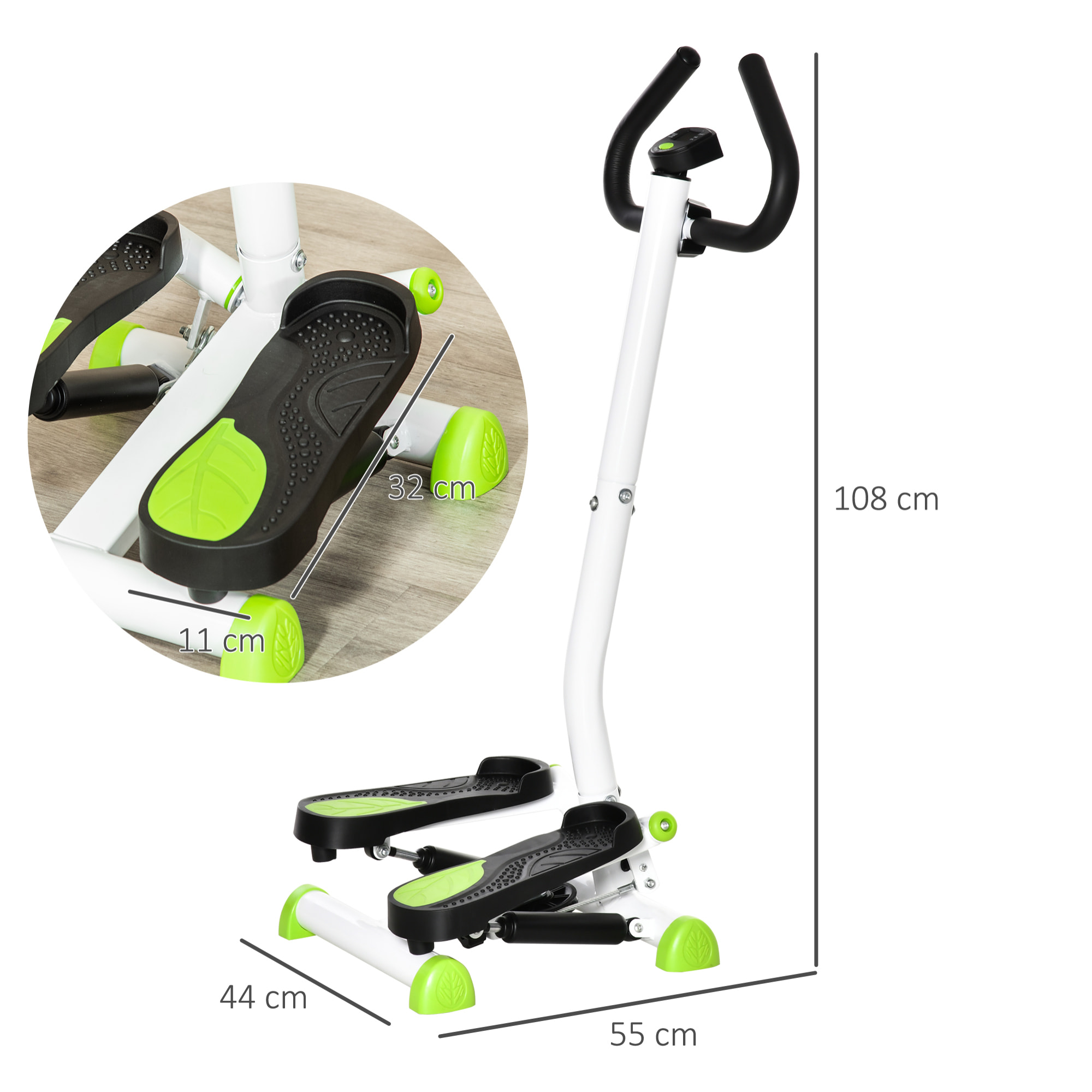 Stepper Fitness avec guidon ergonomique - écran LCD multifonction - résistance réglable - acier blanc vert noir