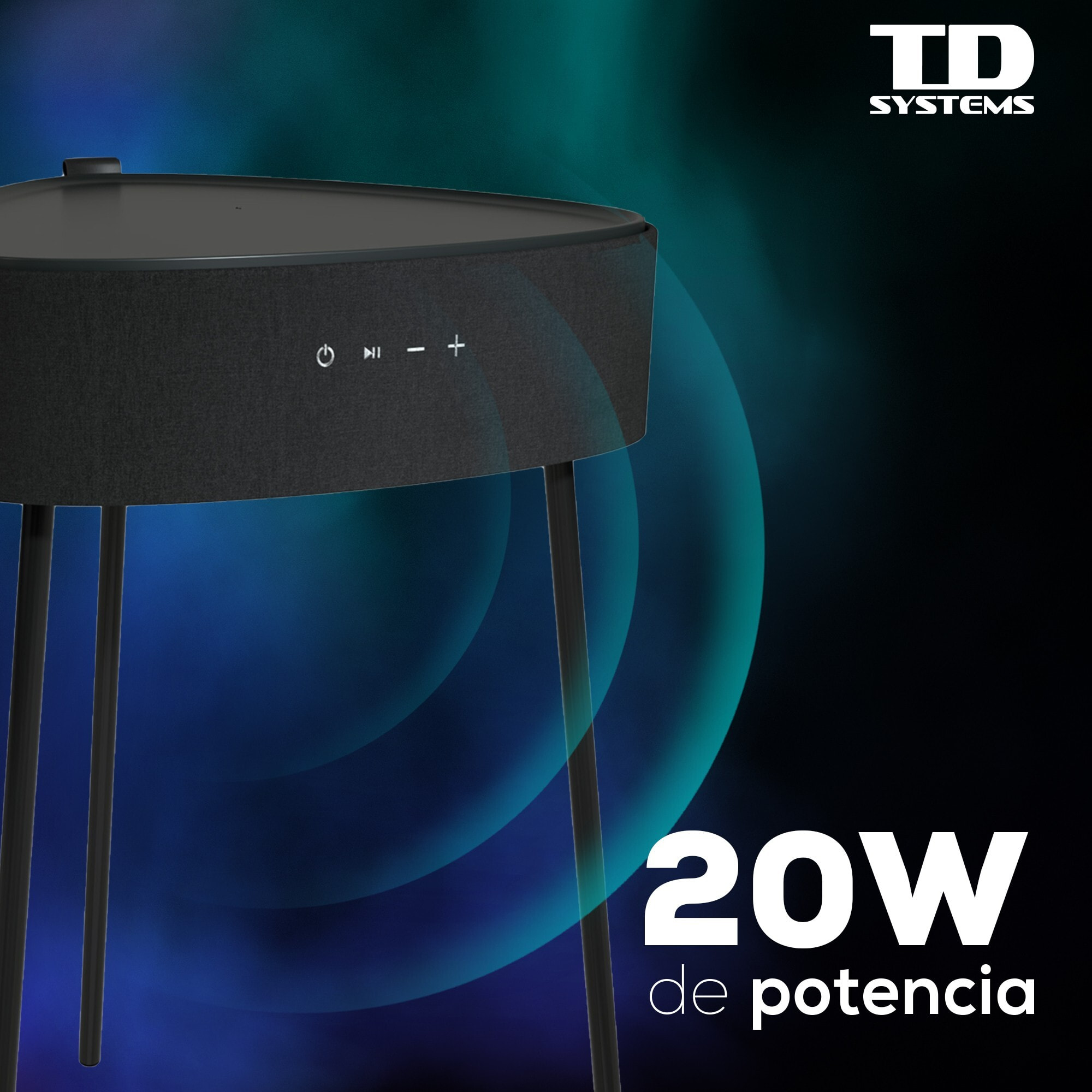 Mesa auxiliar altavoz portátil con sonido de 20W, Bluetooth, Base de carga inalámbrica, batería de 2500mAh. Mesilla o mesita para dormitorio o sala de estar - TD Systems SM20B11PGO [Gris oscuro]