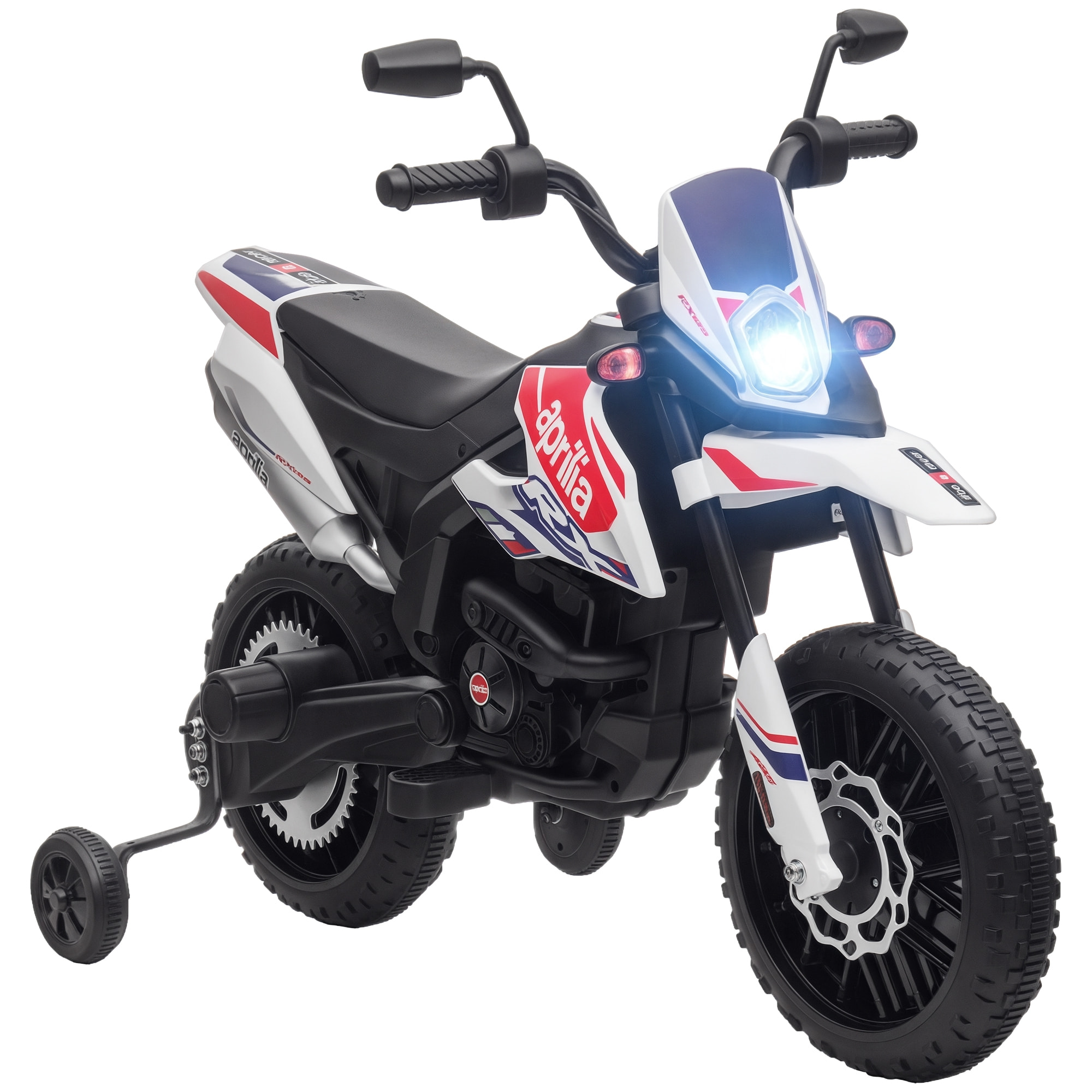 Moto Eléctrica para Niños 12V con Licencia Aprilia, Moto Eléctrica Infantil con Ruedas Auxiliares Desmontables, 6 km/h, Suspensión Trasera, Faro, Música y USB, para Niños 37-96 Meses, Blanco